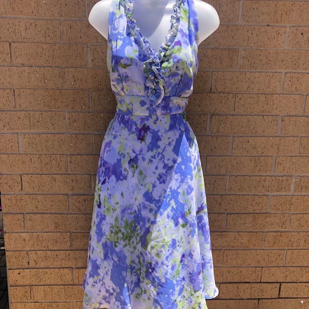 90s Vintage Blue purple floral sleeveless halter midi fit & flare dress ruffles